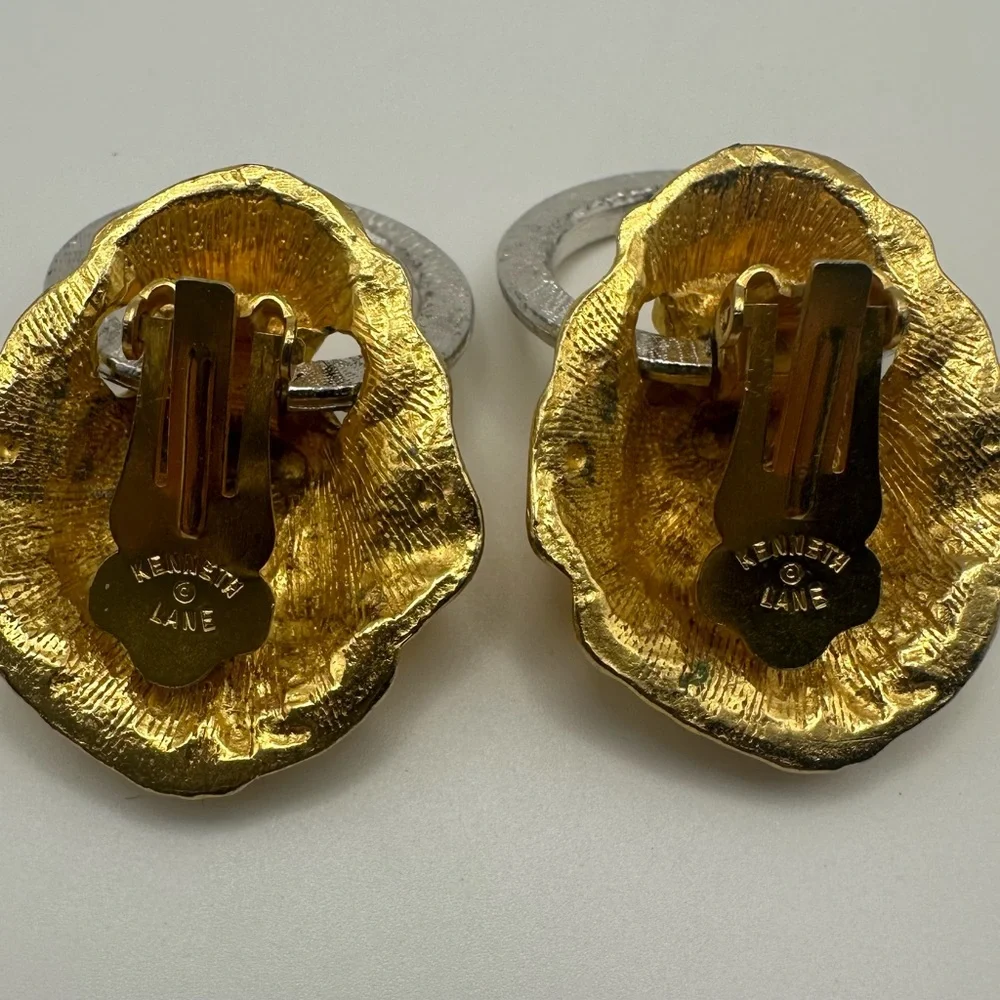 Vtg KJL Kenneth J Lane Lion Leo Door Knocker Clip Earrings Rhinestones Gold Tone - Picture 8 of 11